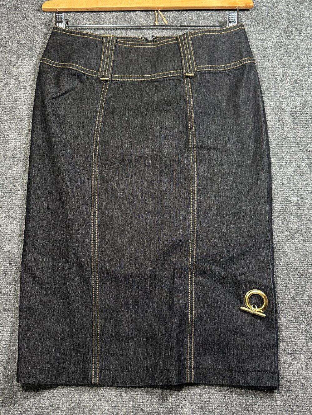 Bisou Bisou Denim Jean Skirt Womens 2 Pencil Black Cotton Stretch Vent Back Zip - Picture 1 of 8